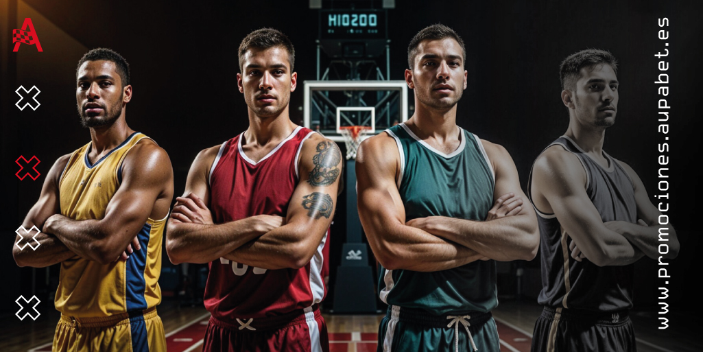 Cuatro jugadores de baloncesto colocados y listos para comenzar el partido