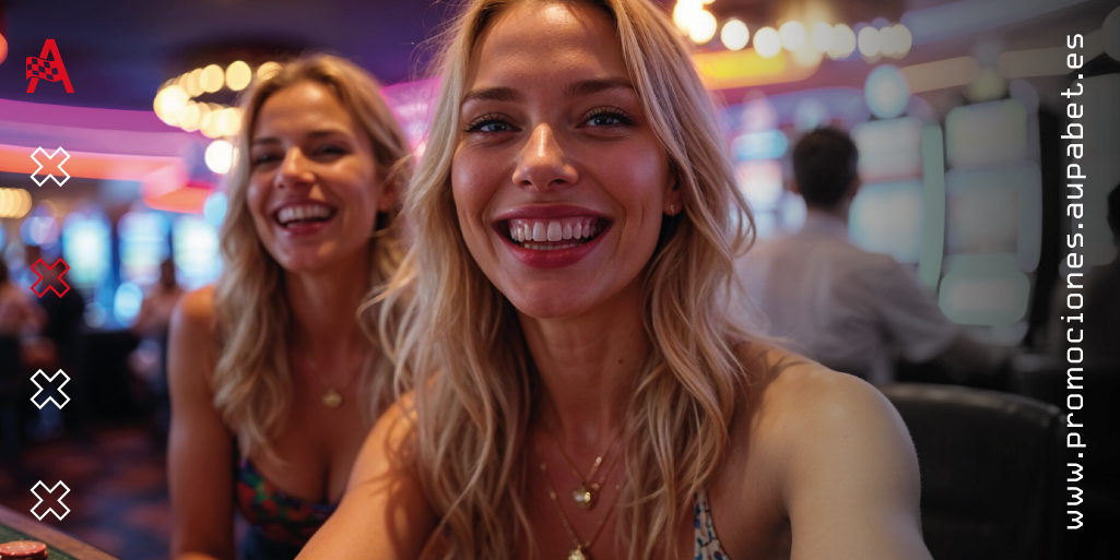 Dos amigas sonrientes sentadas juntas en una sala de máquinas tragamonedas