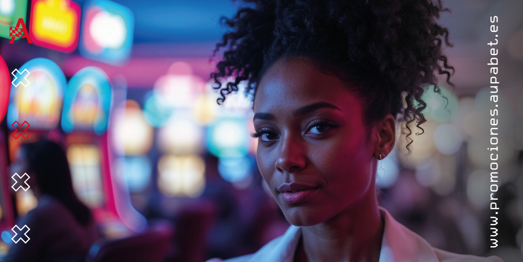Mujer mirando directamente a cámara en una sala con máquinas tragamonedas