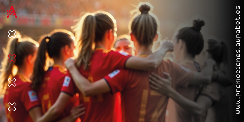 Jugadoras de la selección española de fútbol abrazadas celebrando un gol con alegría